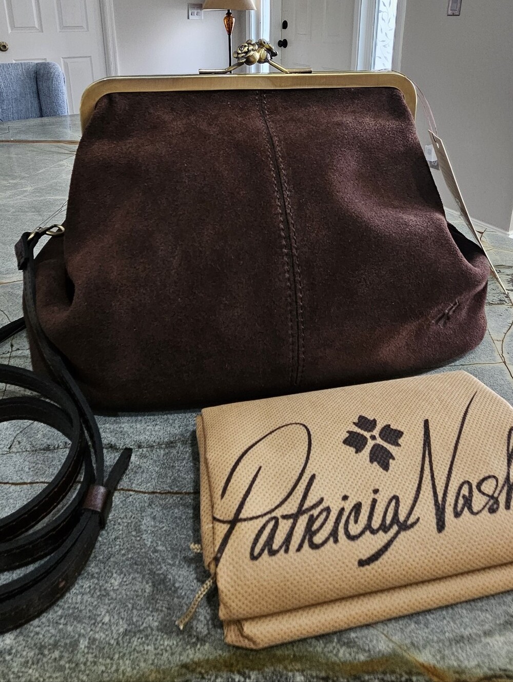 NWT Patricia Nash Sofia Chocolate Suede Kiss Lock Frame Bag Medium